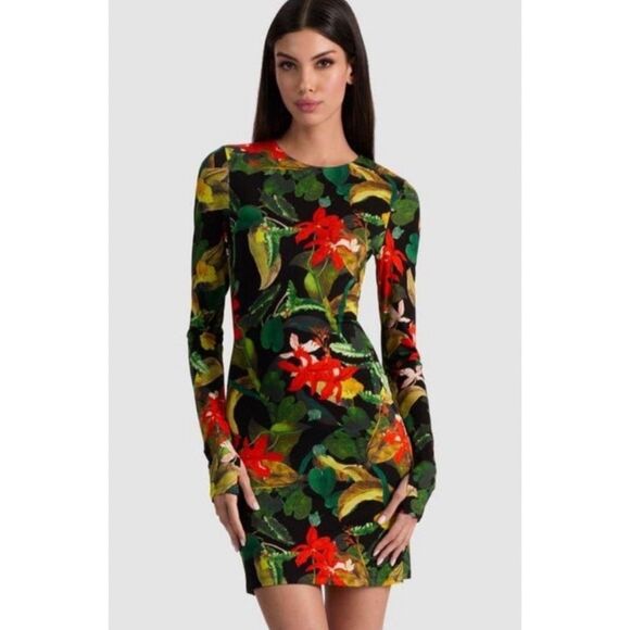 Alice + Olivia Delora Dress 8 Tropical Floral Print Bodycon Mini Long Sleeve NWT
